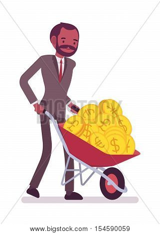 Businessman pushing a wheelbarrow full of golden coins. Cartoon vector flat-style concept illustration