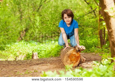Portrait of cute young boy standing on all fours on the log in summer park