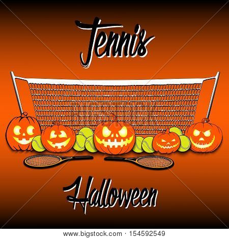 Tennis balls and halloween pumpkins on a background of the tennis nets. Vector illustration