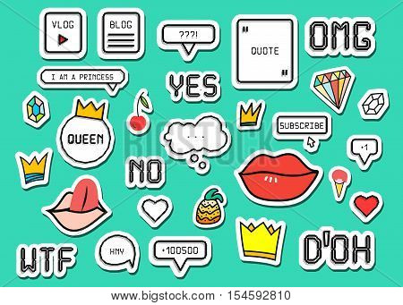 Patch fashion collection. Popular phrases: Omg Yes No Wtf Doh. Sticker style pixel art, crown, lips, ice cream, diamond, pineapple. Design elements vector illustration