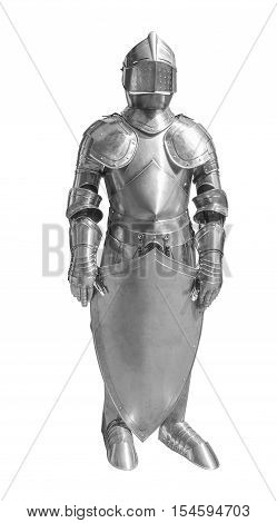 historic full body metallic plate armour in white back