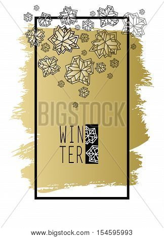 Vertical snowflakes concept design with winter label. Polygonal trendy style snowflakes on white background with gold stroke . Winter holidays snowfall design. Vector illustration stock vector.