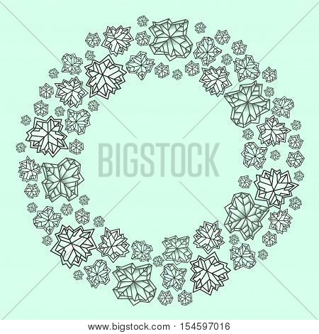 Round circle snowflakes concept design. Polygonal trendy style snowflakes on mint green background. Winter holidays snowfall design. Vector illustration stock vector.
