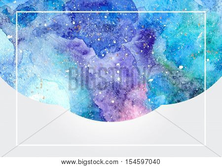 Watercolor blue abstract background with white frame. Cosmic space background