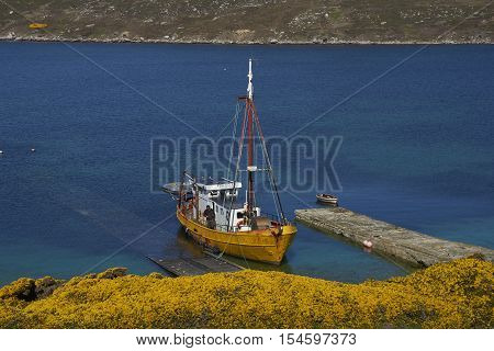 WEST POINT ISLAND, FALKLAND ISLANDS - OCTOBER 23, 2016: Converted trawler tied up on the jetty at the West Point Settlement on West Point Island in the Falkland Islands