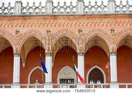 PADUA, ITALY - MAY3, 2016: Lodge Amulea in the Great piazza of Prato della Valle also known as Ca' Duodo Palazzo Zacco in Padua Italy