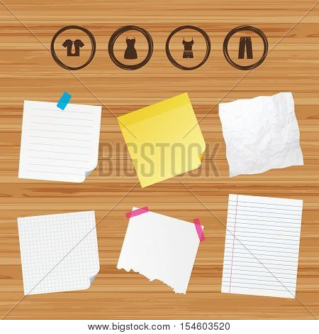 Business paper banners with notes. Clothes icons. T-shirt with business tie and pants signs. Women dress symbol. Sticky colorful tape. Vector
