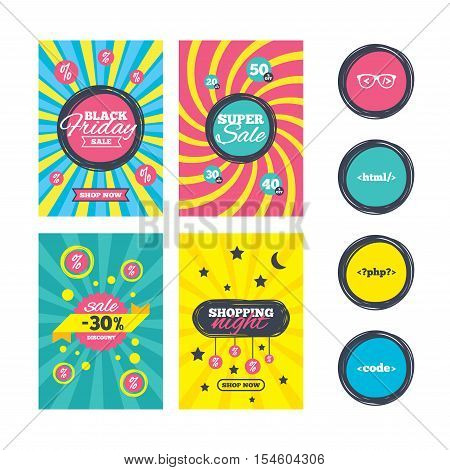 Sale website banner templates. Programmer coder glasses icon. HTML markup language and PHP programming language sign symbols. Ads promotional material. Vector