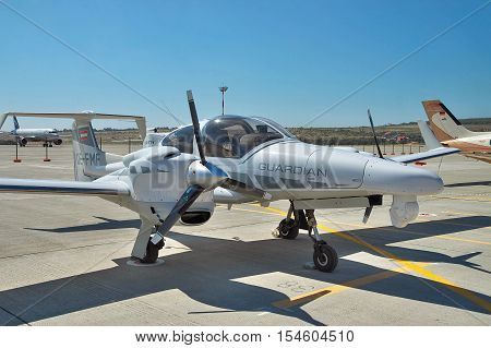Gelendzhik Russia - September 10 2010: Diamond DA42 MPP GUARDIAN reconnaissance and surveillance plane parked on the apron of the airport
