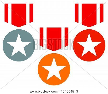 Gold, Silver, Bronze Medals With Neckband / Ribbon - Flat Medal, Badge Icons W Stars
