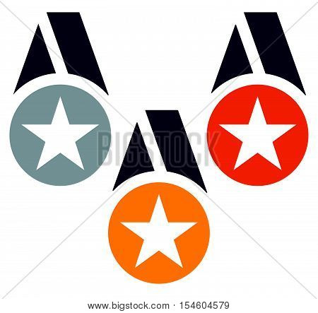 Gold, Silver, Bronze Medals With Neckband / Ribbon - Flat Medal, Badge Icons W Stars