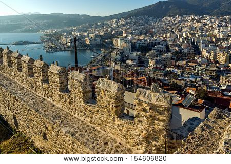Ruins of fortress and panorama to Kavala, East Macedonia and Thrace, Greece