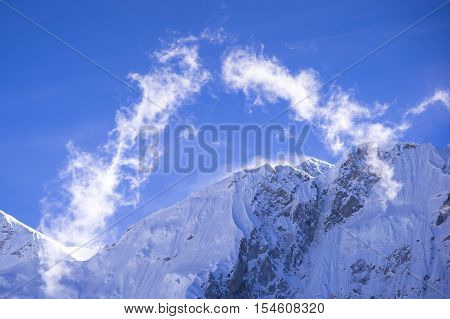 closed up view of Everest peak with clouds from Gorak Shep. During the way to Everest base camp. Sagarmatha national park. Nepal.