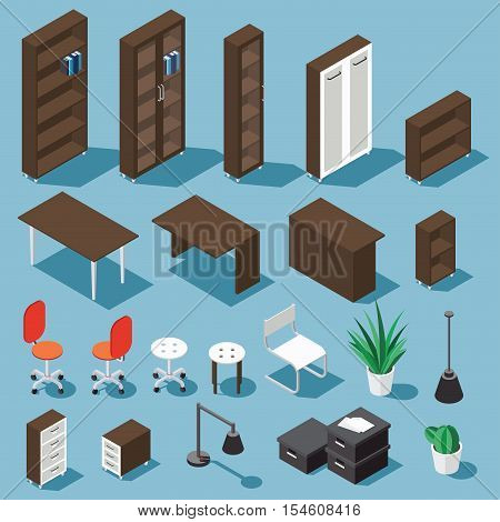 Isometric dark brown office furniture set. Collection includes tables shelves bureau cabinet locker lamps chairs houseplants paper box and cactus. Stock vector.