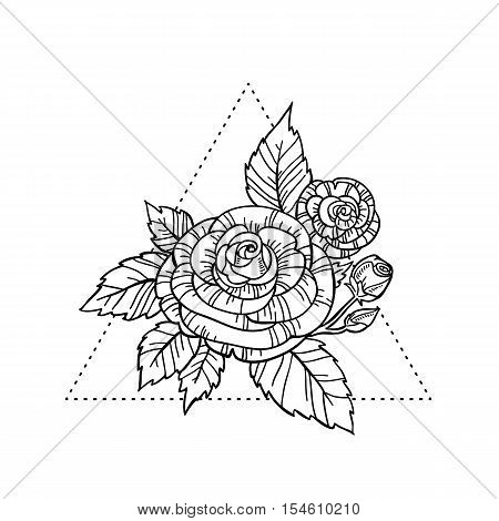 Blackwork Tattoo Flash. Rose Flower With Dot Triangle. Vector Illustration Isolated On White. Tattoo