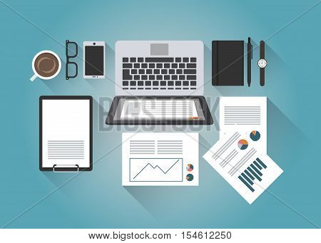 Concept flat vector illustration of businessman office desk with a laptop paperwork report organizer pen smartphone clipboard glasses coffee watches with light shadows. Top view.