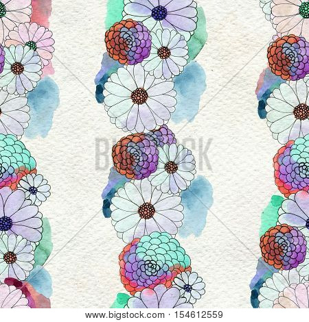 Seamless floral pattern with asters and daisy garlands of flowers. Floral watercolor background.