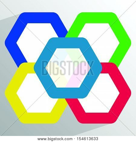 Geometric Icon With Overlapping Hexagons In 5 Color
