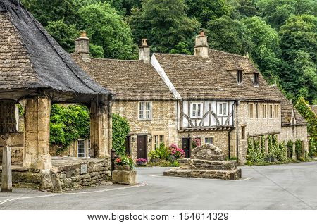 Typical English countryside houses in Castle Combe Village, Cotswold, Wiltshire, England.