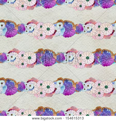 Seamless floral pattern with asters and daisy garlands of flowers. Floral watercolor background.