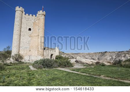 Alcala del Jucar Spain - October 29 2016: Castle of Almohad origin of the century XII take in Alcala of the Jucar Albacete province Spain