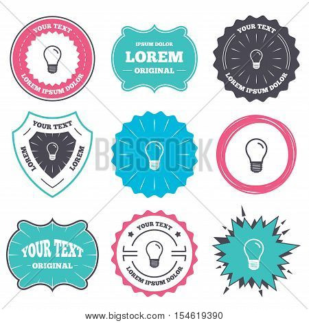 Label and badge templates. Light bulb icon. Lamp E27 screw socket symbol. Led light sign. Retro style banners, emblems. Vector