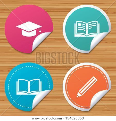 Round stickers or website banners. Pencil and open book icons. Graduation cap symbol. Higher education learn signs. Circle badges with bended corner. Vector