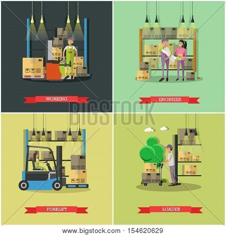 Logistic and delivery service concept banners. Warehouse workers. Vector illustration in flat style design. Delivery man working in warehouse and shipping products.
