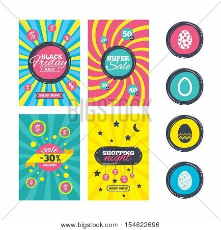 Sale website banner templates. Easter eggs icons. Circles and floral patterns symbols. Tradition Pasch signs. Ads promotional material. Vector