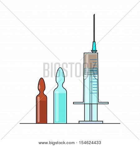 Vector illustration of painkillers injection. Medical injection syringe with liquid . Ampule with liquid isolated on white background.