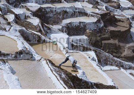 Worker extracting manually salt from the Maras salt ponds located at the Peru's Sacred Valley. October 18 2012 - Maras Peru