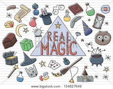 Set of scetch hand drown magic objects. Doodle vetor design.