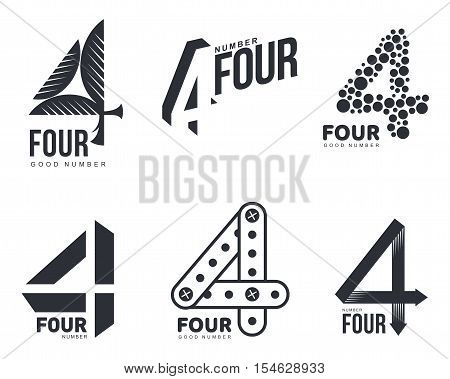 Set of black and white number four logo templates, vector illustrations isolated on white background. Black and white graphic number four logo templates - technical, organic, abstract