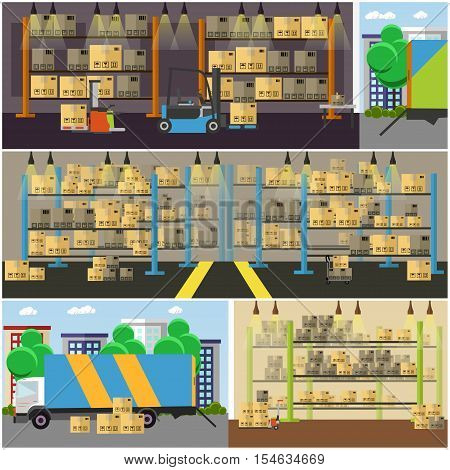 Logistic and delivery service concept banner. Warehouse interior. Vector illustration in flat style design.