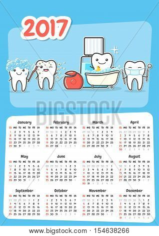 Wall dental calendar 2017. New year stomatology planner. Funny cartoon teeth and oral hygiene concept. Toothcare. Week starts Sunday. Horizontal orientation. Vector Illustration