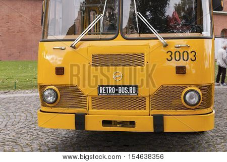 Saint Petersburg Russia September 17 2016: Old yellow bus parked in St. Petersburg Russia