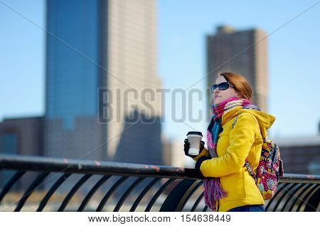 Beautiful Young Woman Drinking Coffee In New York