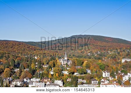 View from the castle ruin Koenigstein to the autumnal Taunus, Hesse, Germany
