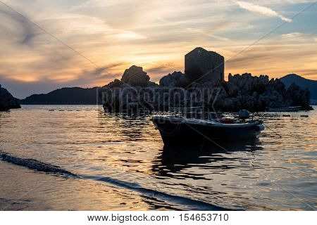 Summer sunset in Przno bay in Montenegro