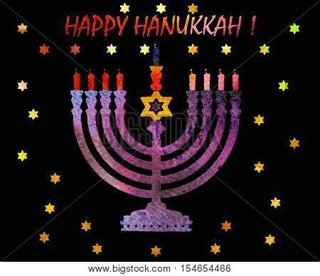 Jewish traditional holiday Hannukah. Greeting card with menorah and text Happy Hanukkah. Watercolor background.