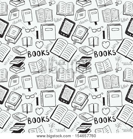 Vector hand drawn books black seamless background