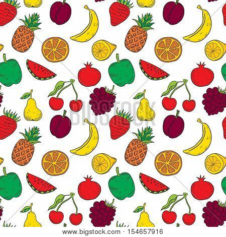 Vector hand drawn colored fruits seamless pattern