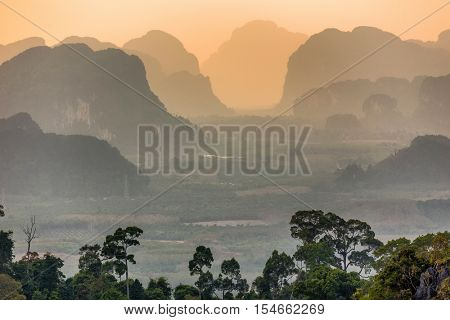 Viewpoint from the tiger temple ( Wat Tham Suea) on mountains at dusk in the Krabi province, Thailand