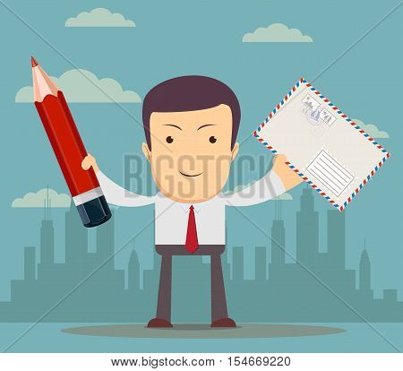 funny cartoon office worke with an envelope and a pencil for use in presentations, etc. Stock vector illustration