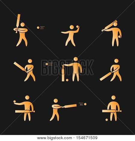 Silhouettes of figures cricket player icons set. Cricket vector symbols.