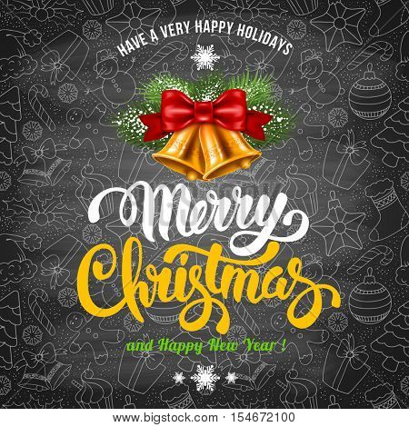 Christmas Greeting Design Template in Hand Drawn Doodle Style with Golden Jingle Bells. Chalkboard Design. Calligraphy Inscription Merry Christmas. Vector stock Illustration. 