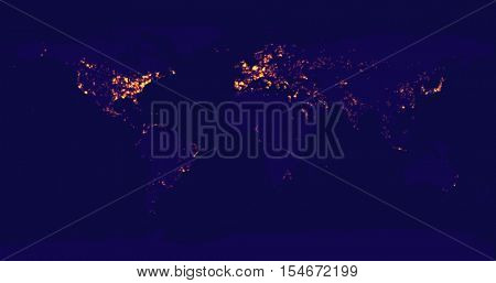 Vector illustration of the world map at night. EarthÃ¢??s city lights are visible in the most urbanized regions.