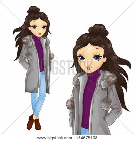 Vector illustration of brunette girl in gray long warm coat and jeens