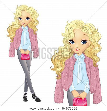 Vector illustration of beautiful teenager girl in a pink fur coat and gray jeens