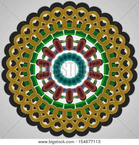 Graphic ornament with red, yellow and green patterns. 3d render